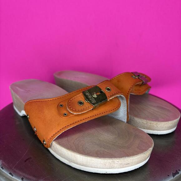 Dr. Scholl's Original Orange Leather Slip-On Wood Clog Sandal Sz 7 - Picture 1 of 7
